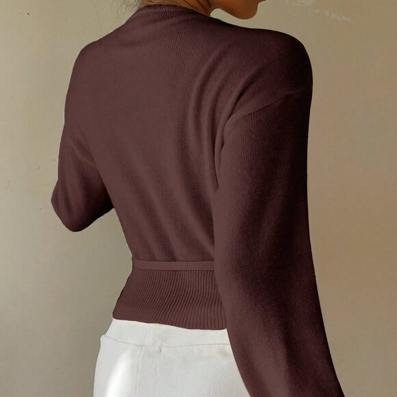 Chocolate Brown Casual Women's Wrap Tie Front Cardigan - Picture 3 of 7